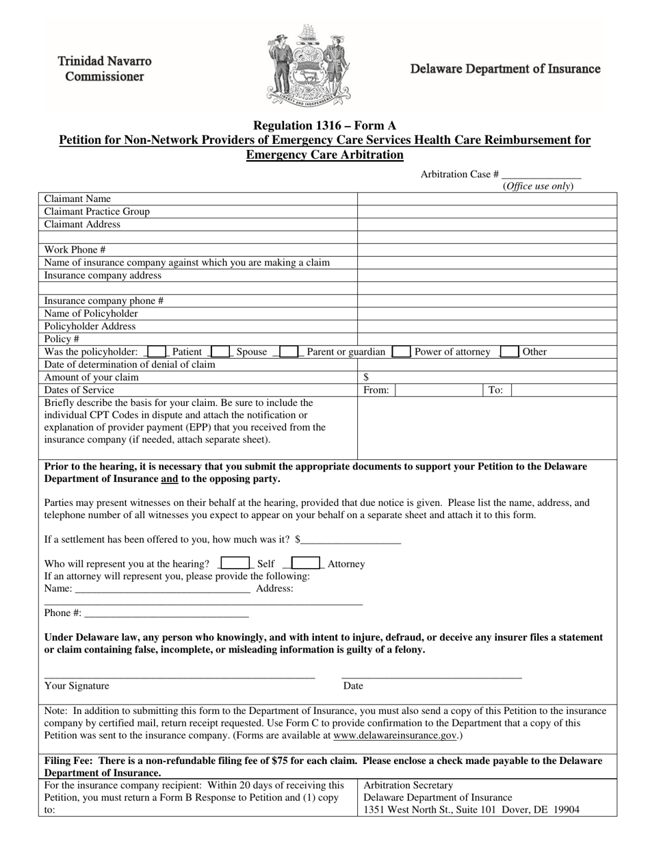 Form A Petition for Non-network Providers of Emergency Care Services Health Care Reimbursement for Emergency Care Arbitration - Delaware, Page 1