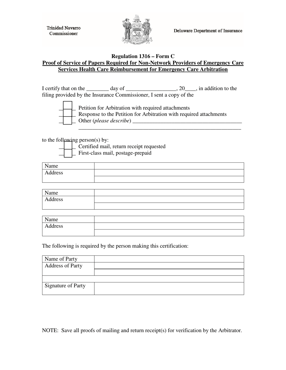 Form C Proof of Service of Papers Required for Non-network Providers of Emergency Care Services Health Care Reimbursement for Emergency Care Arbitration - Delaware, Page 1
