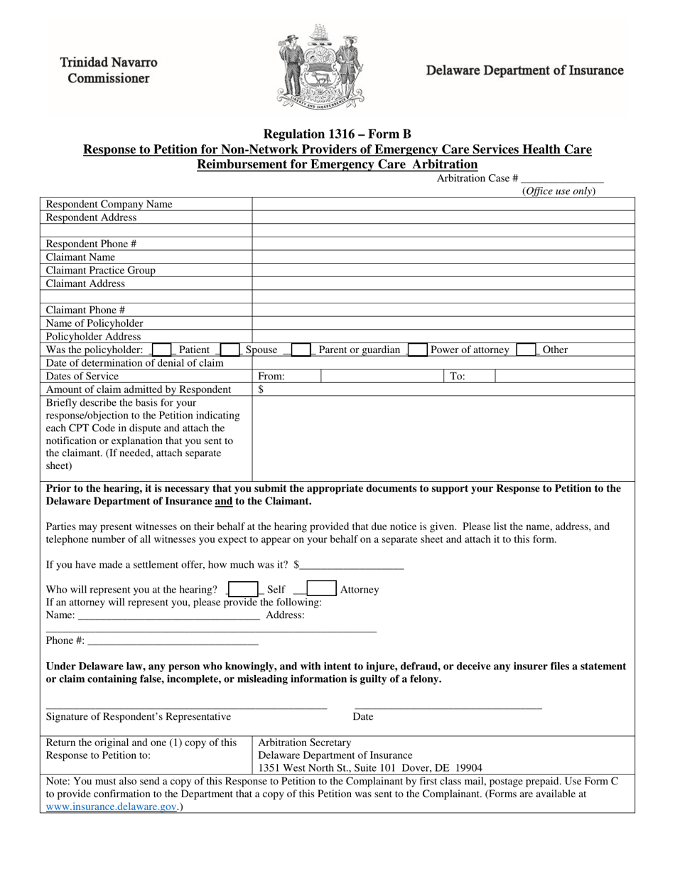 Form B Response to Petition for Non-network Providers of Emergency Care Services Health Care Reimbursement for Emergency Care Arbitration - Delaware, Page 1