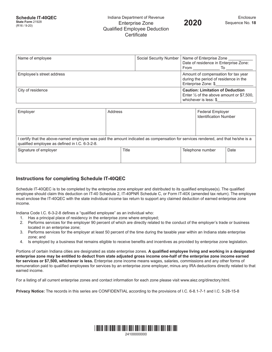 State Form 21928 Schedule IT-40QEC Enterprise Zone Qualified Employee Deduction Certificate - Indiana, Page 1