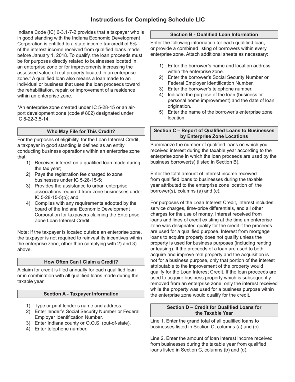 State Form 21926 Schedule LIC Enterprise Zone Loan Interest Tax Credit - Indiana, Page 3