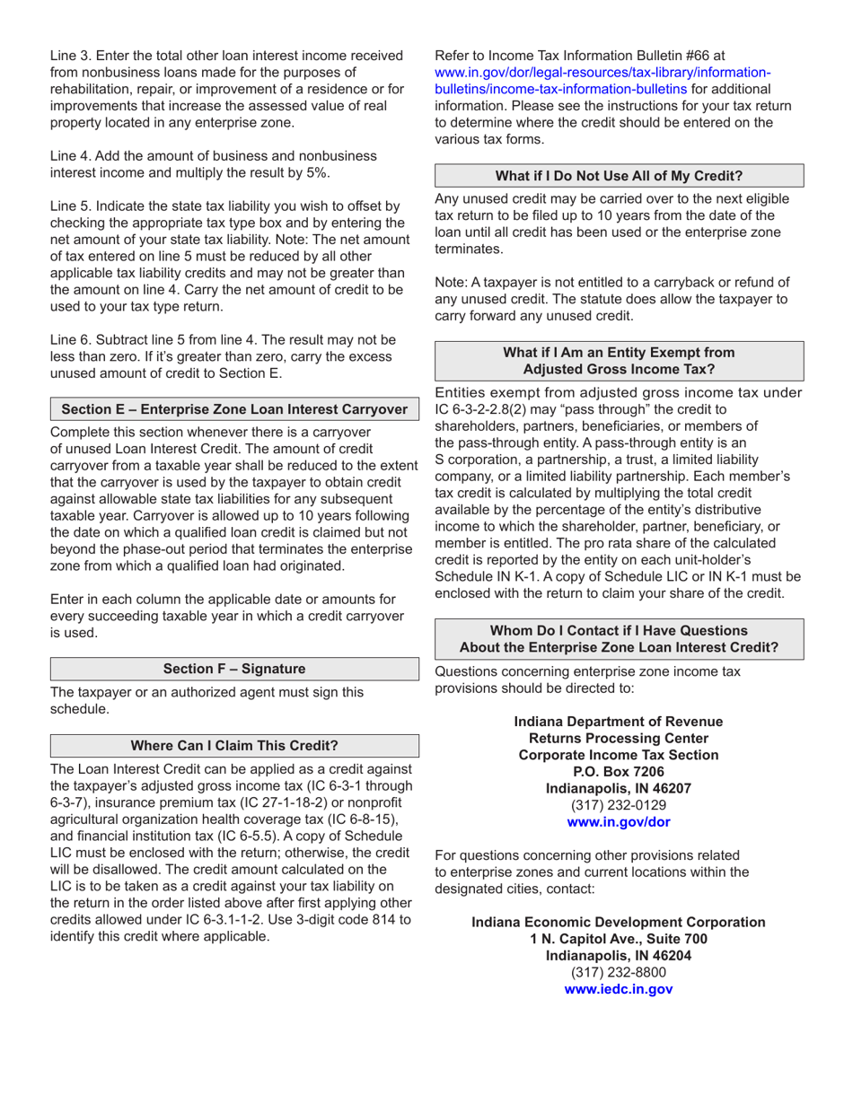 State Form 21926 Schedule LIC Enterprise Zone Loan Interest Tax Credit - Indiana, Page 4