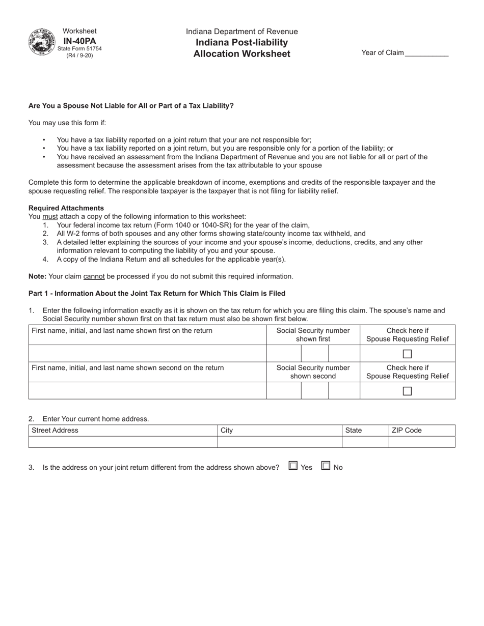 State Form 51754 Worksheet IN-40PA Indiana Post-liability Allocation Worksheet - Indiana, Page 1