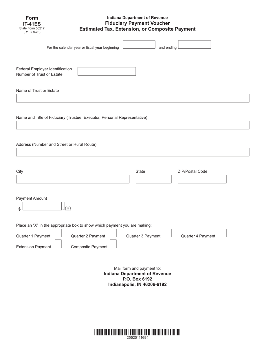 Form IT-41ES (State Form 50217) Fiduciary Payment Voucher Estimated Tax, Extension, or Composite Payment - Indiana, Page 1