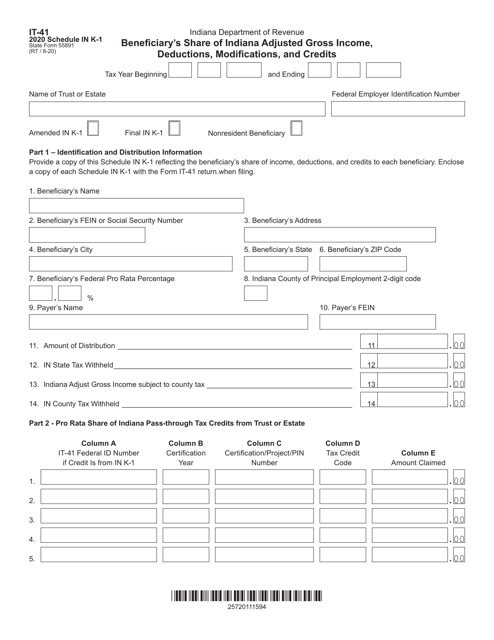 Form IT-41 (State Form 55891) Schedule IN K-1 2020 Printable Pdf