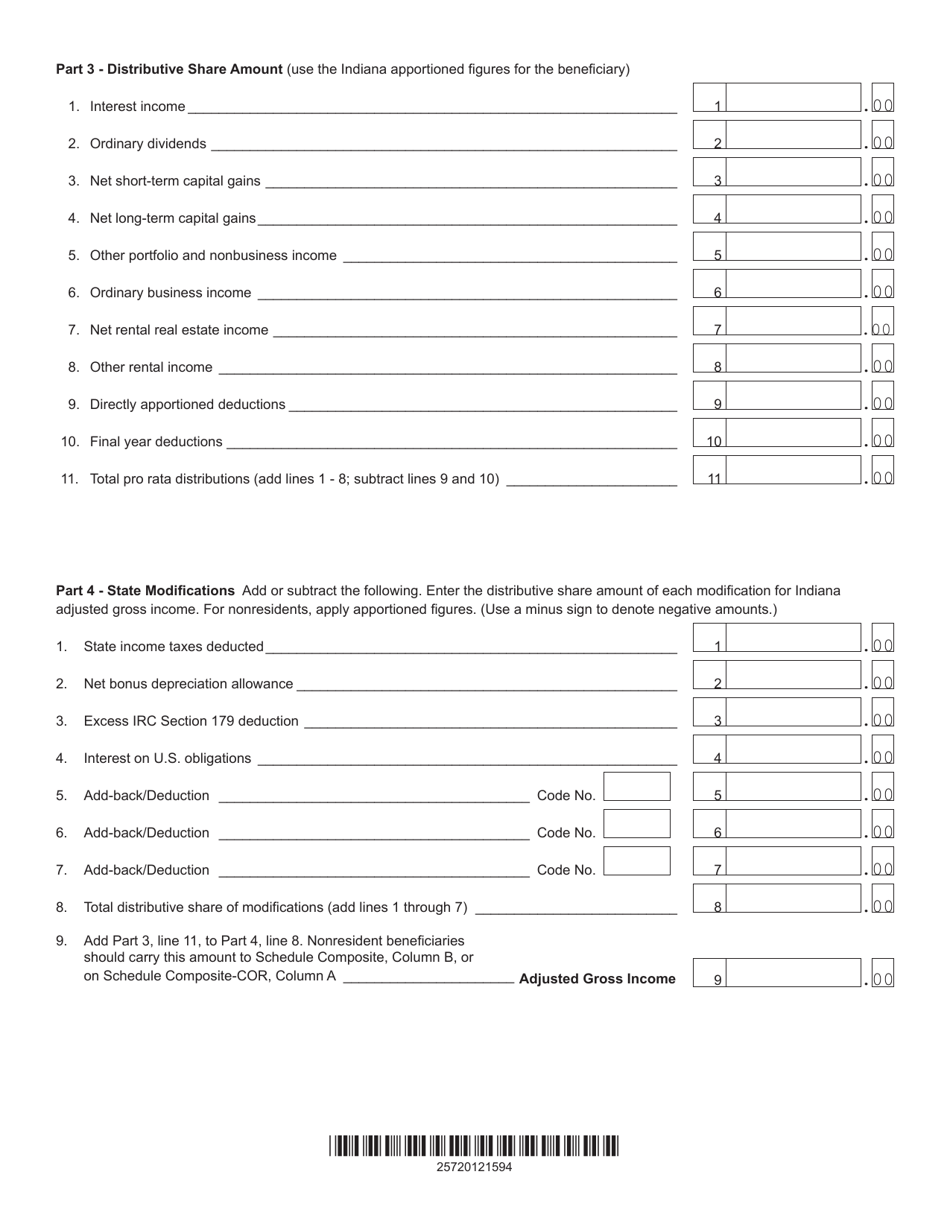 Form IT-41 (State Form 55891) Schedule IN K-1 Beneficiarys Share of Indiana Adjusted Gross Income, Deductions, Modifications, and Credits - Indiana, Page 2