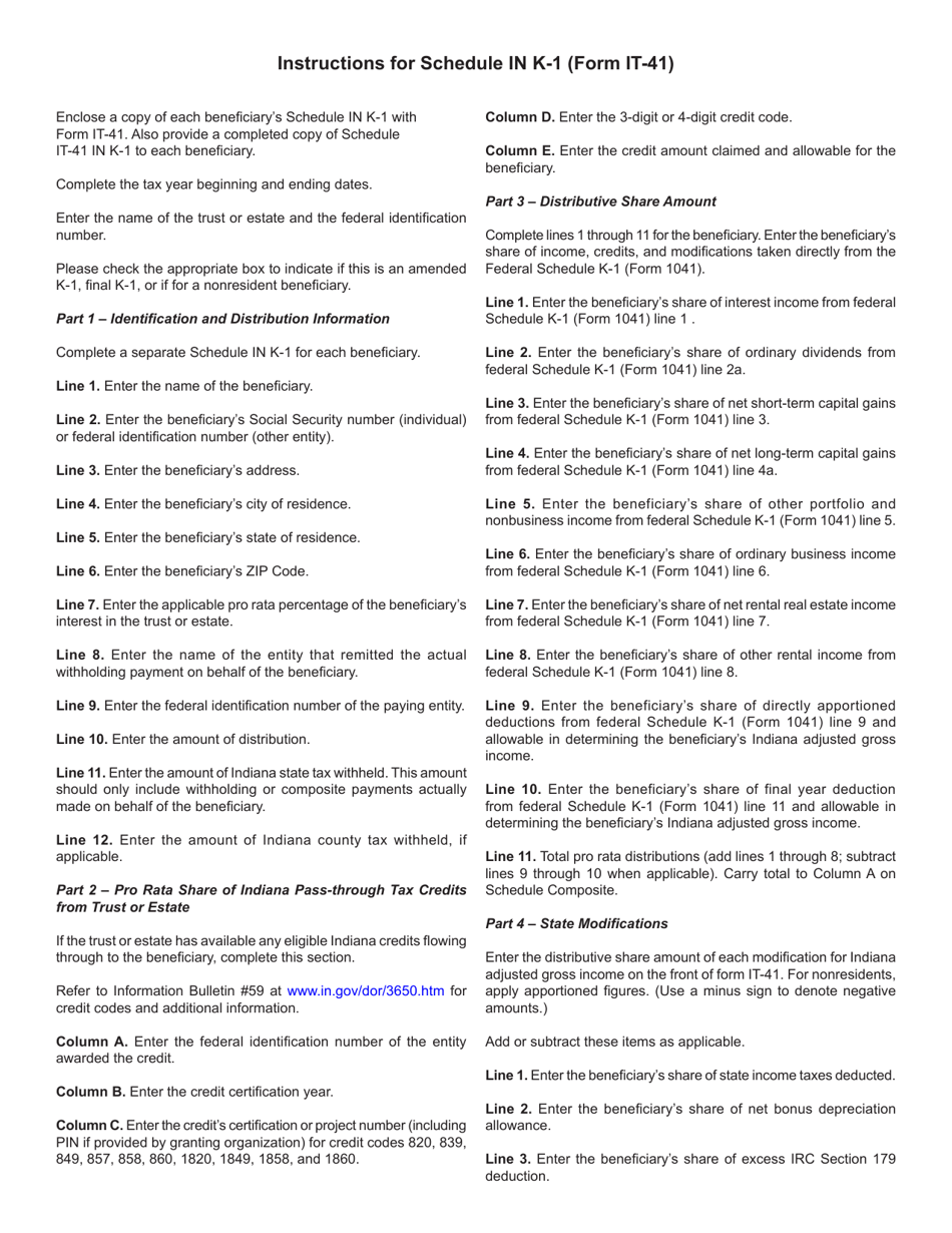 Form IT-41 (State Form 55891) Schedule IN K-1 Beneficiarys Share of Indiana Adjusted Gross Income, Deductions, Modifications, and Credits - Indiana, Page 3