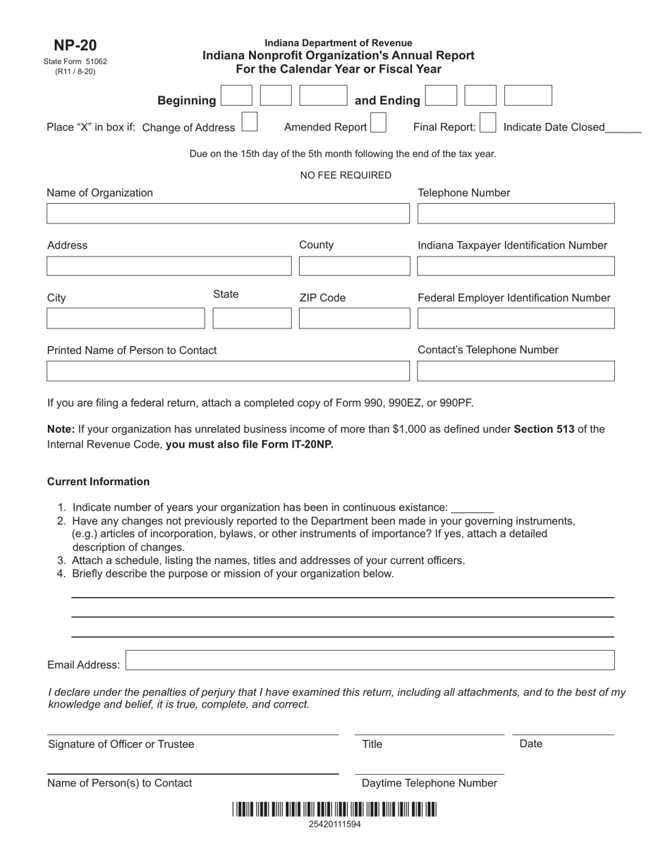 Form NP-20 (State Form 51062) Indiana Nonprofit Organizations Annual Report - Indiana, Page 1