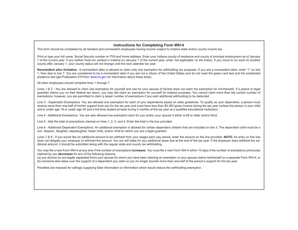 Form WH-4 (State Form 48845) Employees Withholding Exemption and County Status Certificate - Indiana, Page 2