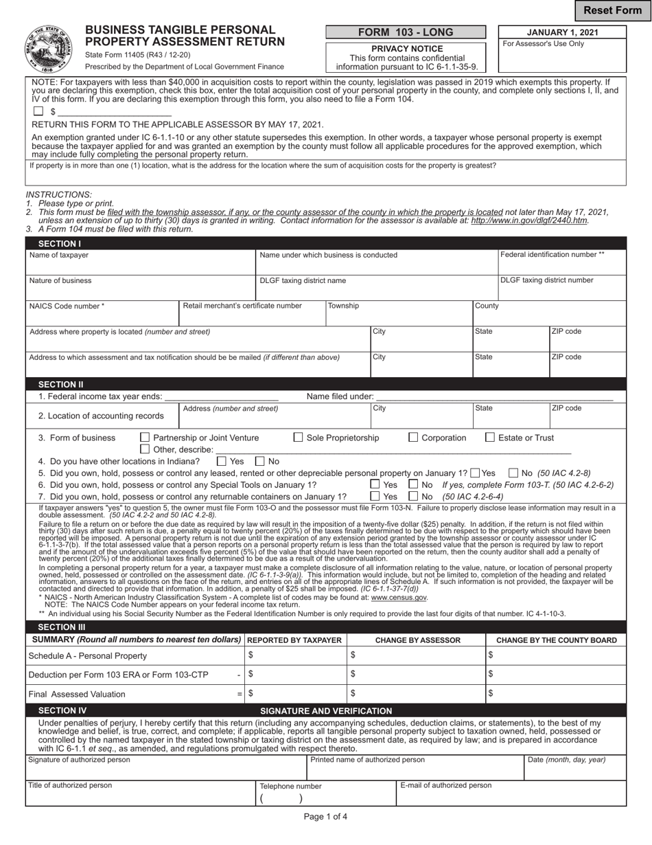 Form 103-LONG (State Form 11405) Business Tangible Personal Property Assessment Return - Indiana, Page 1
