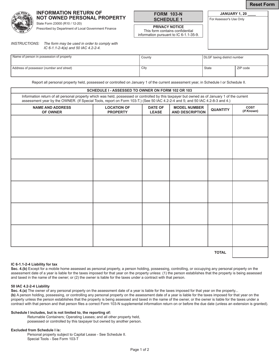 Form 103-N (State Form 23000) Schedule 1 Information Return of Not Owned Personal Property - Indiana, Page 1