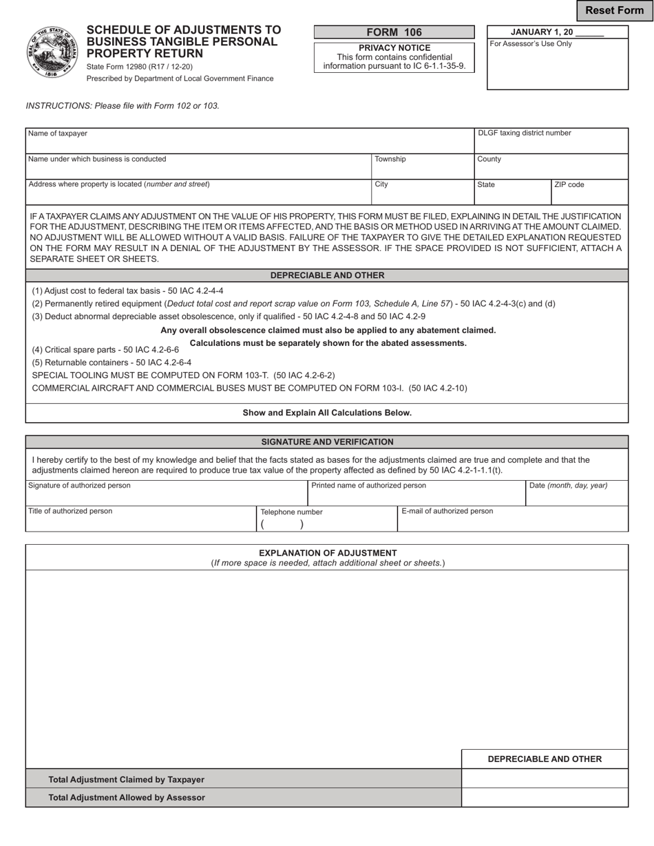 Form 106 (State Form 12980) Schedule of Adjustments to Business Tangible Personal Property Return - Indiana, Page 1