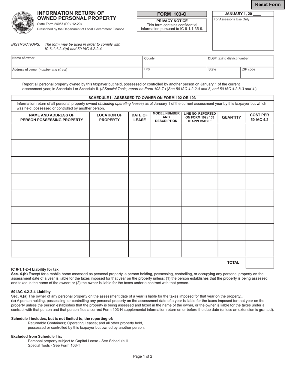 State Form 24057 (103-O) Information Return of Owned Personal Property - Indiana, Page 1