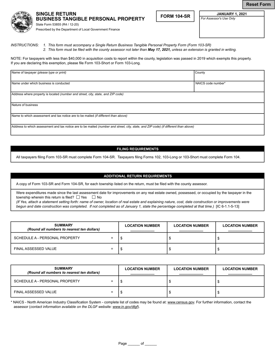 State Form 53855 (104-SR) Single Return - Business Tangible Personal Property - Indiana, Page 1