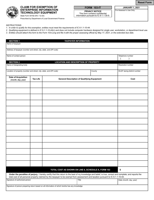 Form 103-IT (State Form 54182)  Printable Pdf