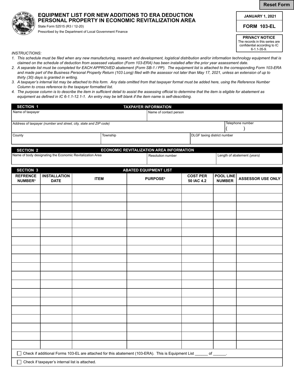 State Form 52515 (103-EL) Equipment List for New Additions to Era Deduction Personal Property in Economic Revitalization Area - Indiana, Page 1