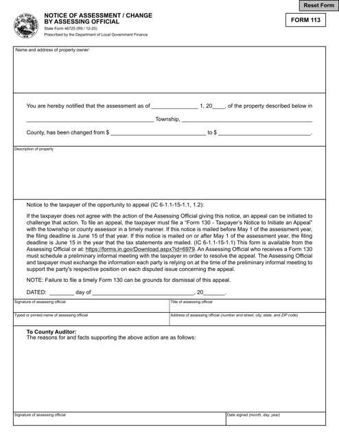 Form 113 (State Form 46725) Notice of Assessment/Change by Assessing Official - Indiana
