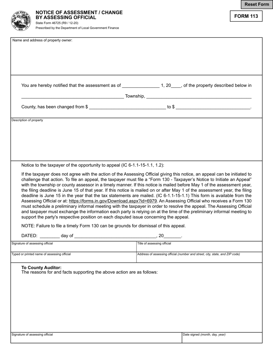 Form 113 (State Form 46725) Notice of Assessment / Change by Assessing Official - Indiana, Page 1