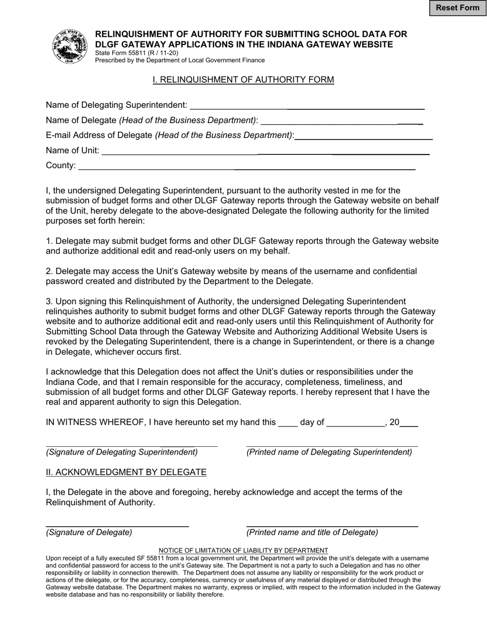 State Form 55811 Relinquishment of Authority for Submitting School Data for Dlgf Gateway Applications in the Indiana Gateway Website - Indiana, Page 1