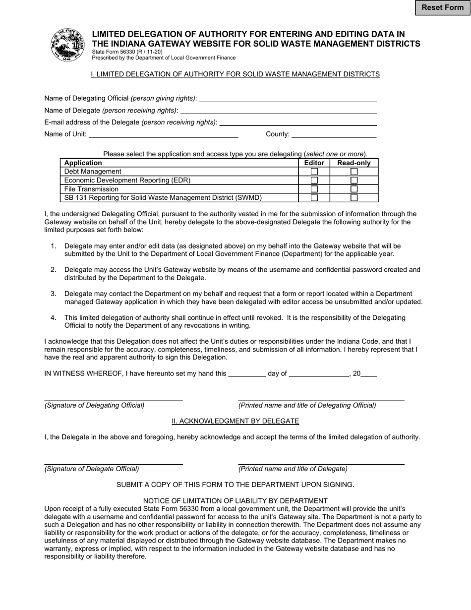 Form 56330 Limited Delegation of Authority for Entering and Editing Data in the Indiana Gateway Website for Solid Waste Management Districts - Indiana, Page 1