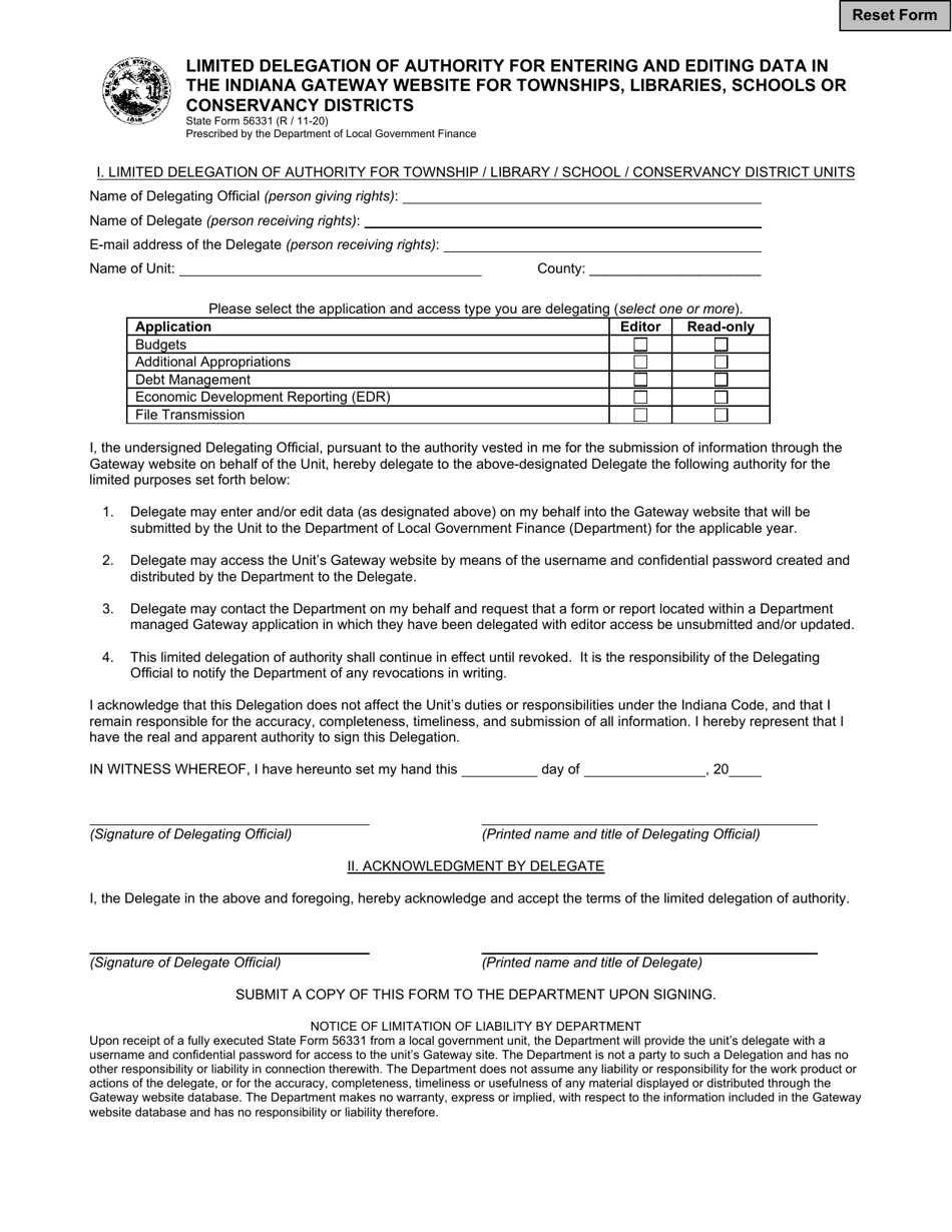 State Form 56331 Limited Delegation of Authority for Entering and Editing Data in the Indiana Gateway Website for Townships, Libraries, Schools or Conservancy Districts - Indiana, Page 1