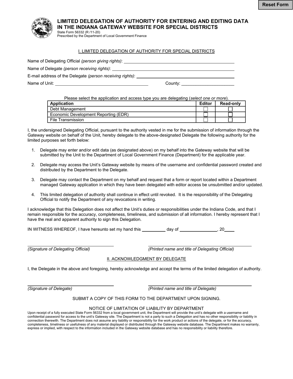 State Form 56332 Limited Delegation of Authority for Entering and Editing Data in the Indiana Gateway Website for Special Districts - Indiana, Page 1