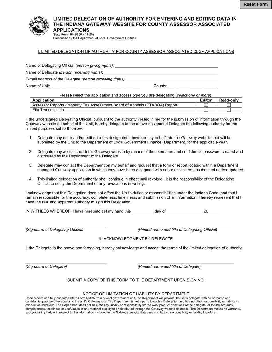 State Form 56485 Limited Delegation of Authority for Entering and Editing Data in the Indiana Gateway Website for County Assessor Associated Applications - Indiana, Page 1
