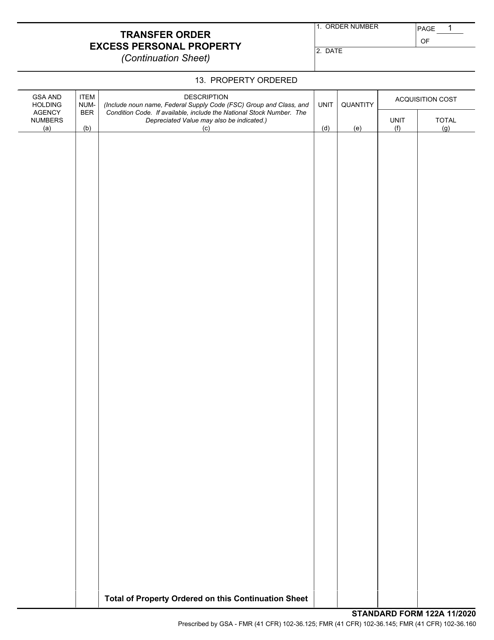 Form SF-122A Transfer Order Excess Personal Property (Continuation Sheet)