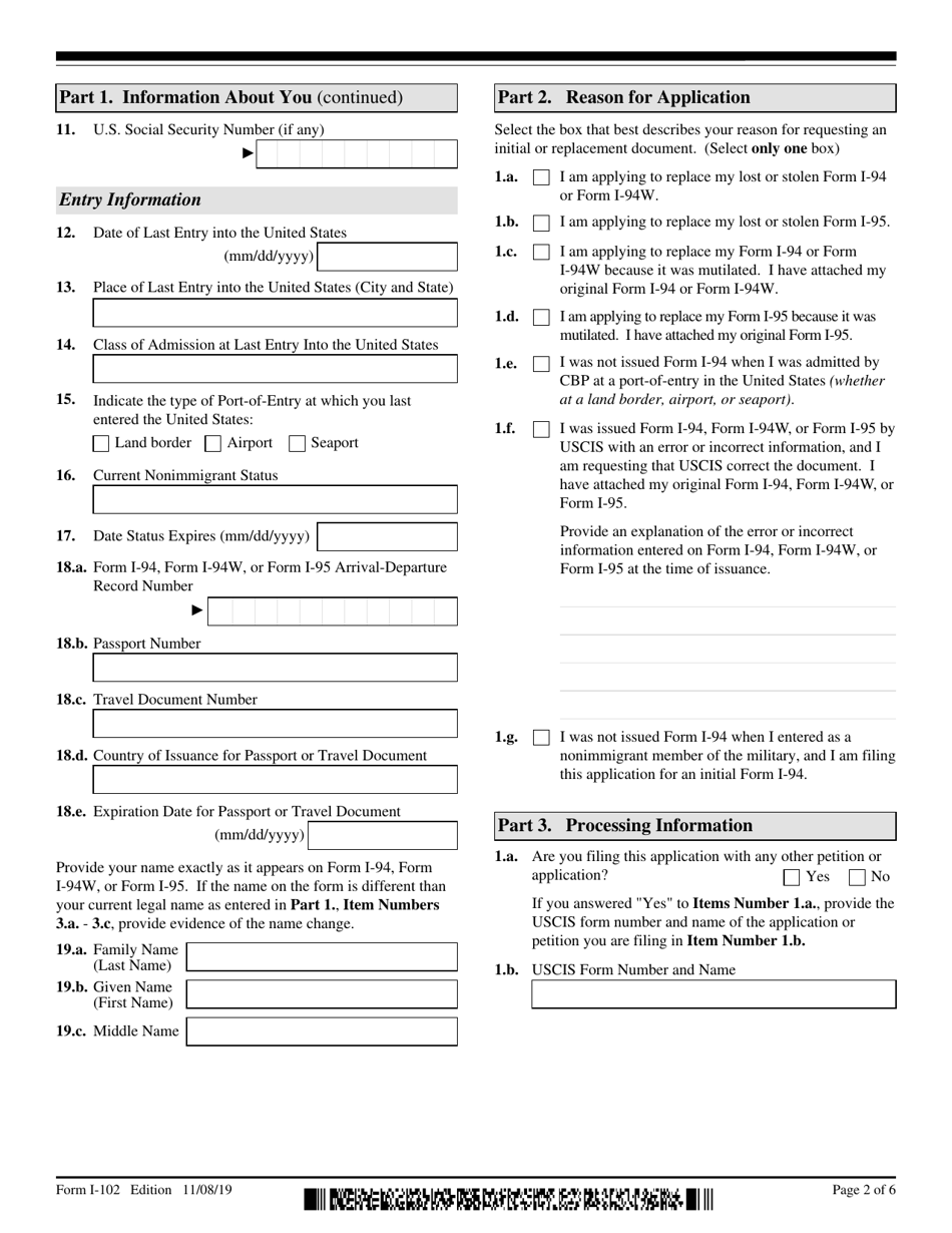 USCIS Form I-102 Application for Replacement / Initial Nonimmigrant Arrival-Departure Document, Page 2