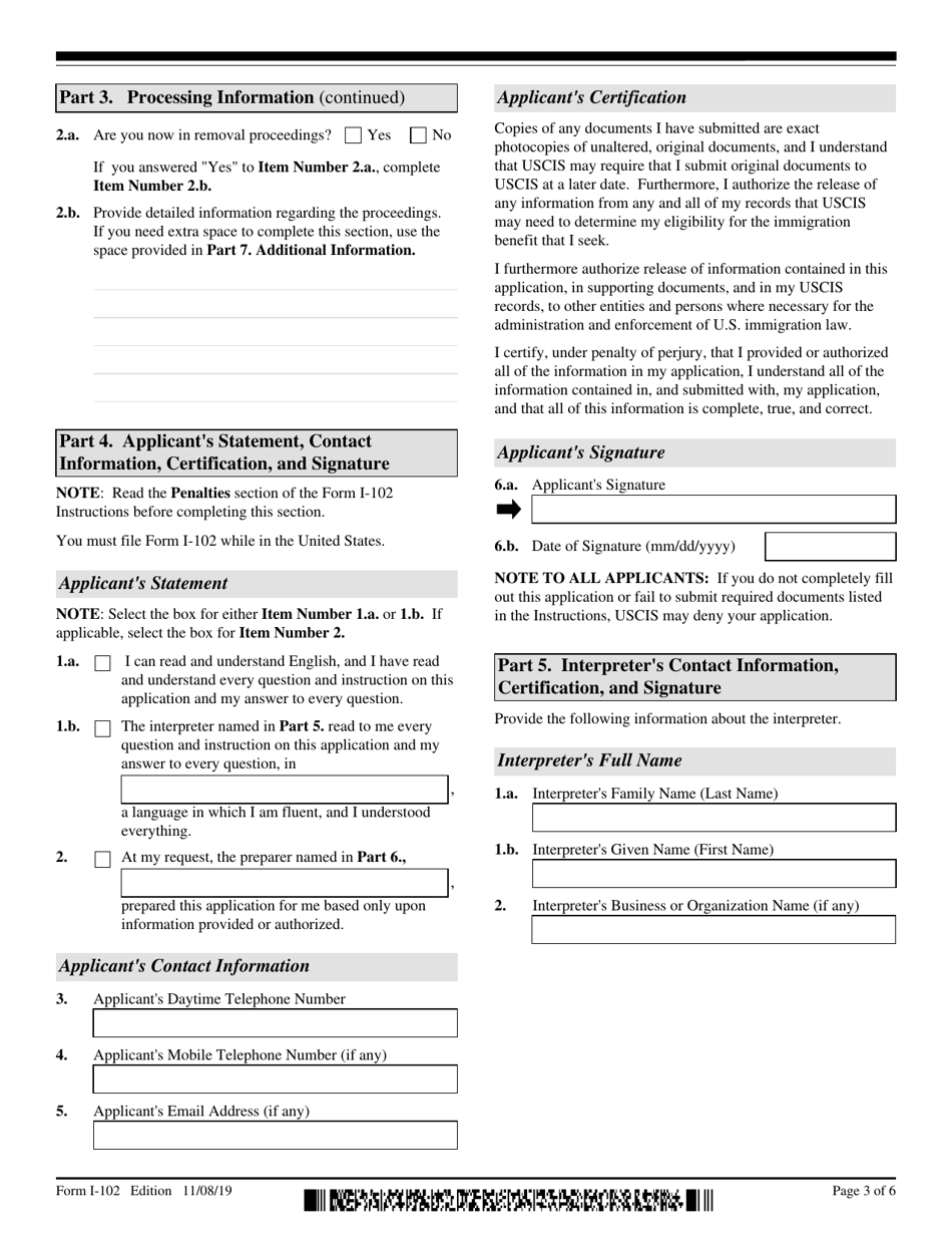 USCIS Form I-102 Application for Replacement / Initial Nonimmigrant Arrival-Departure Document, Page 3