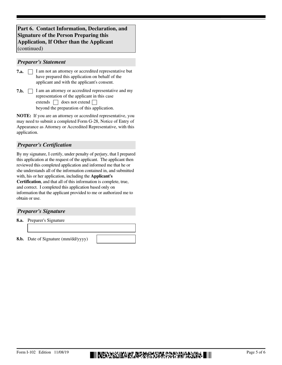 USCIS Form I-102 Application for Replacement / Initial Nonimmigrant Arrival-Departure Document, Page 5