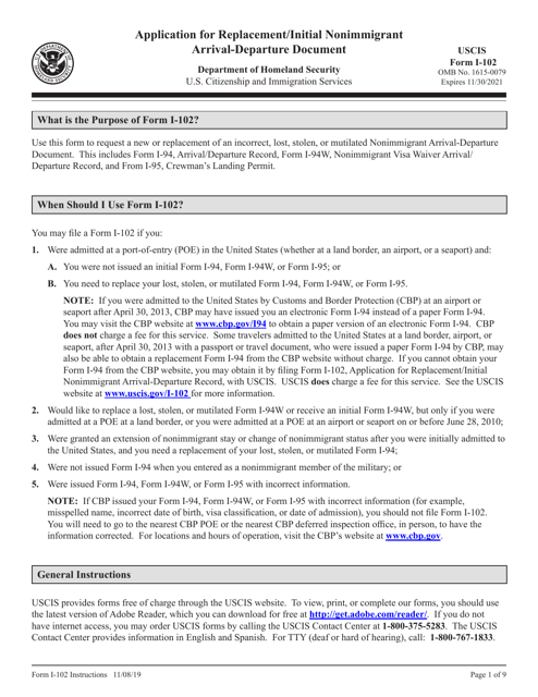 USCIS Form I-102  Printable Pdf