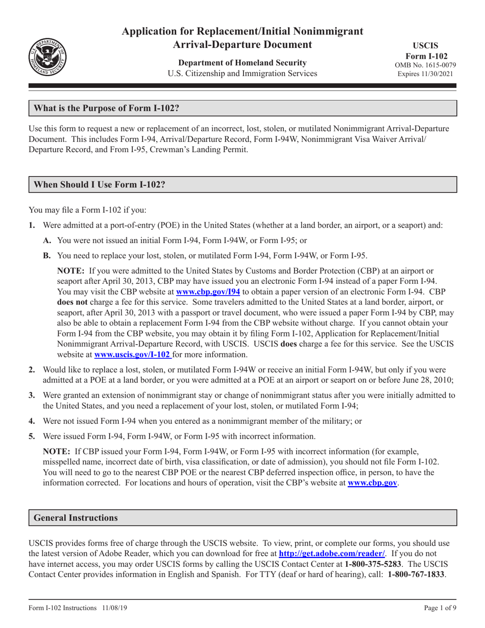 Instructions for USCIS Form I-102 Application for Replacement / Initial Nonimmigrant Arrival-Departure Document, Page 1