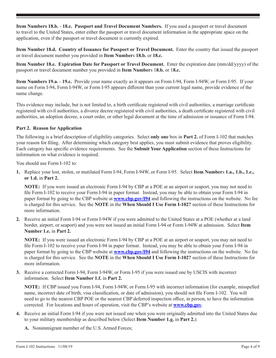 Instructions for USCIS Form I-102 Application for Replacement / Initial Nonimmigrant Arrival-Departure Document, Page 4