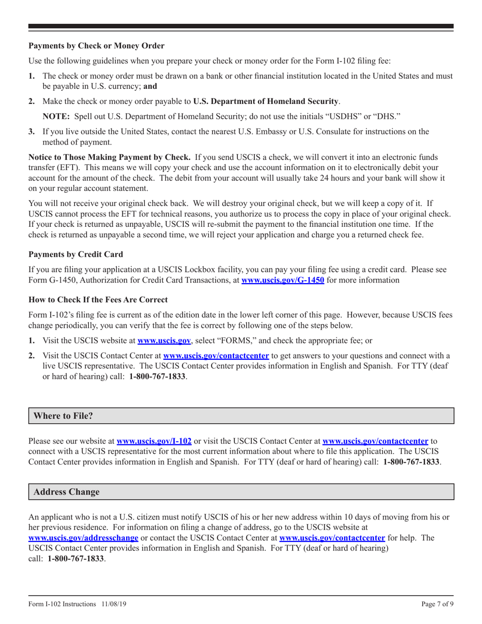Instructions for USCIS Form I-102 Application for Replacement / Initial Nonimmigrant Arrival-Departure Document, Page 7