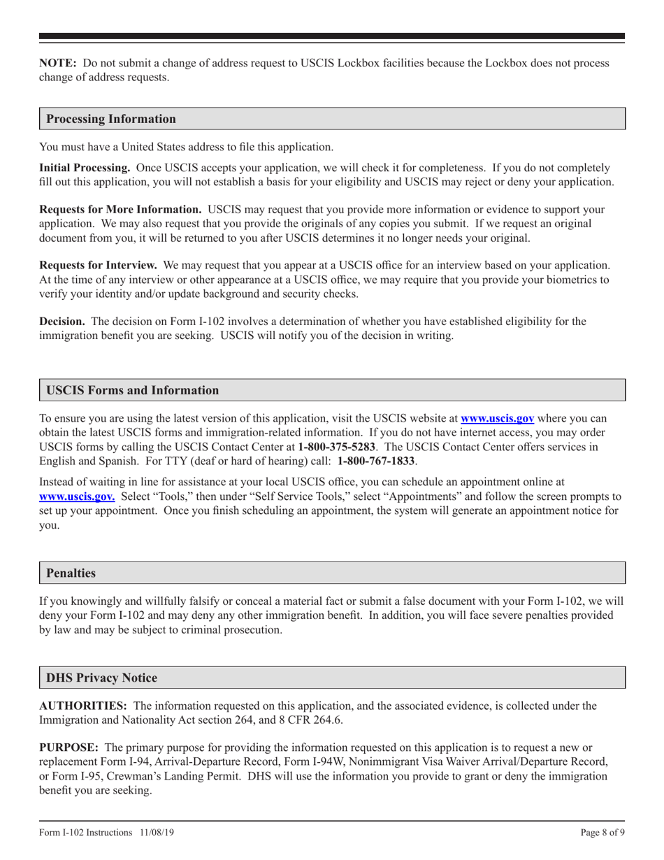 Instructions for USCIS Form I-102 Application for Replacement / Initial Nonimmigrant Arrival-Departure Document, Page 8