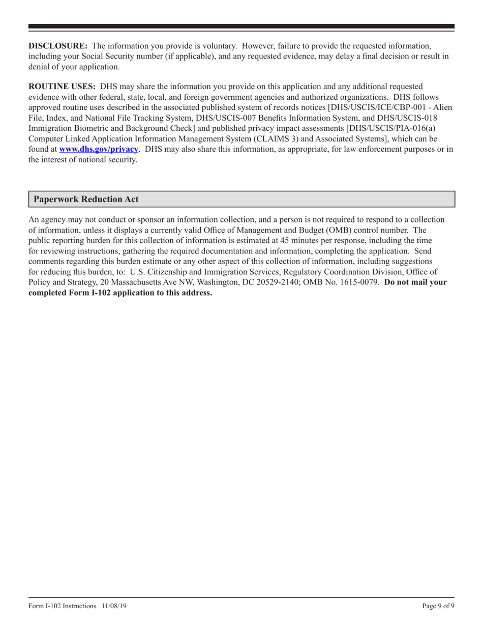 Instructions for USCIS Form I-102 Application for Replacement / Initial Nonimmigrant Arrival-Departure Document, Page 9