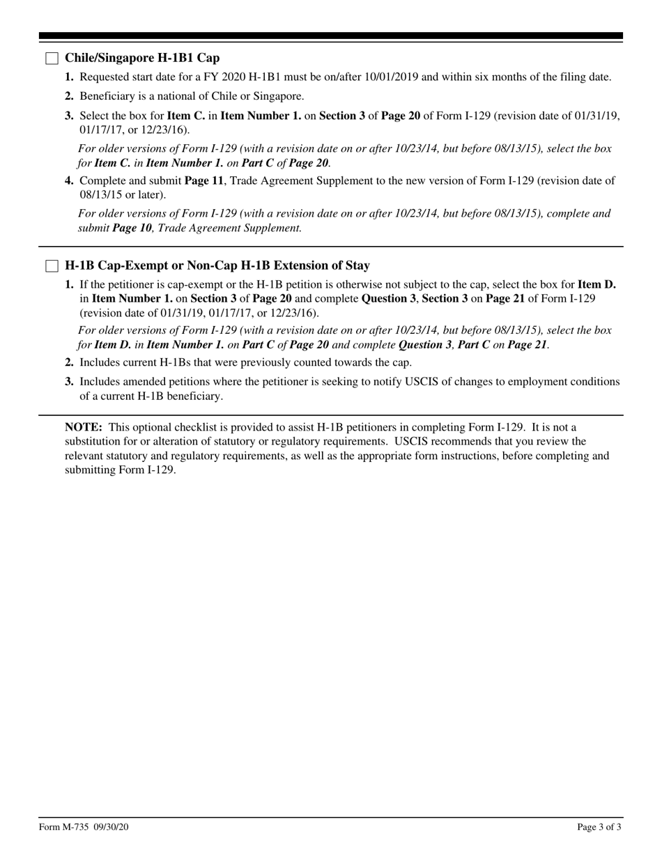 USCIS Form M-735 Optional Checklist for Form I-129 H-1b Filings, Page 3