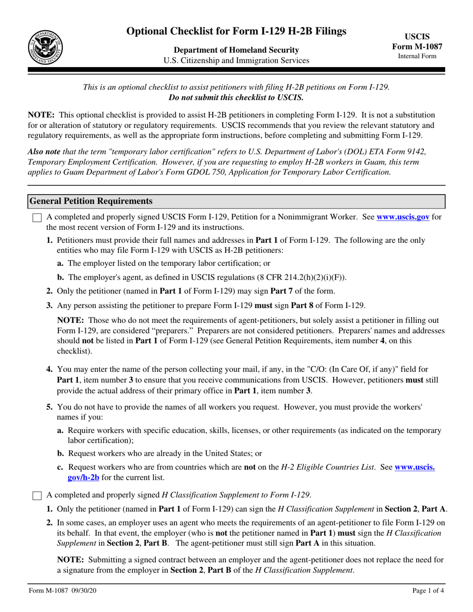 USCIS Form M-1087 Optional Checklist for Form I-129 H-2b Filings, Page 1