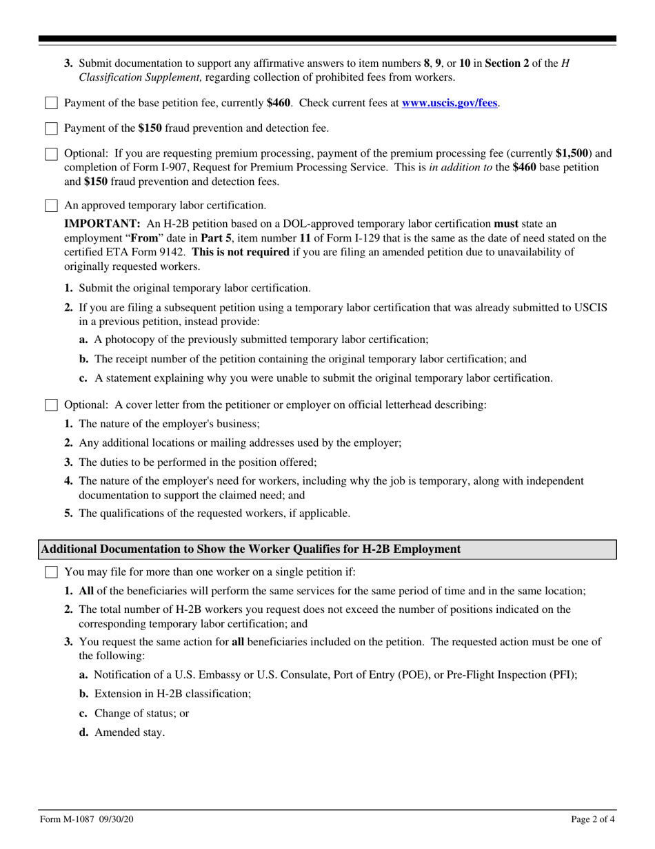 USCIS Form M-1087 Optional Checklist for Form I-129 H-2b Filings, Page 2