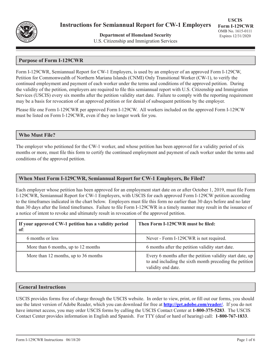 Instructions for USCIS Form I-129CWR Semiannual Report for CW-1 Employers, Page 1