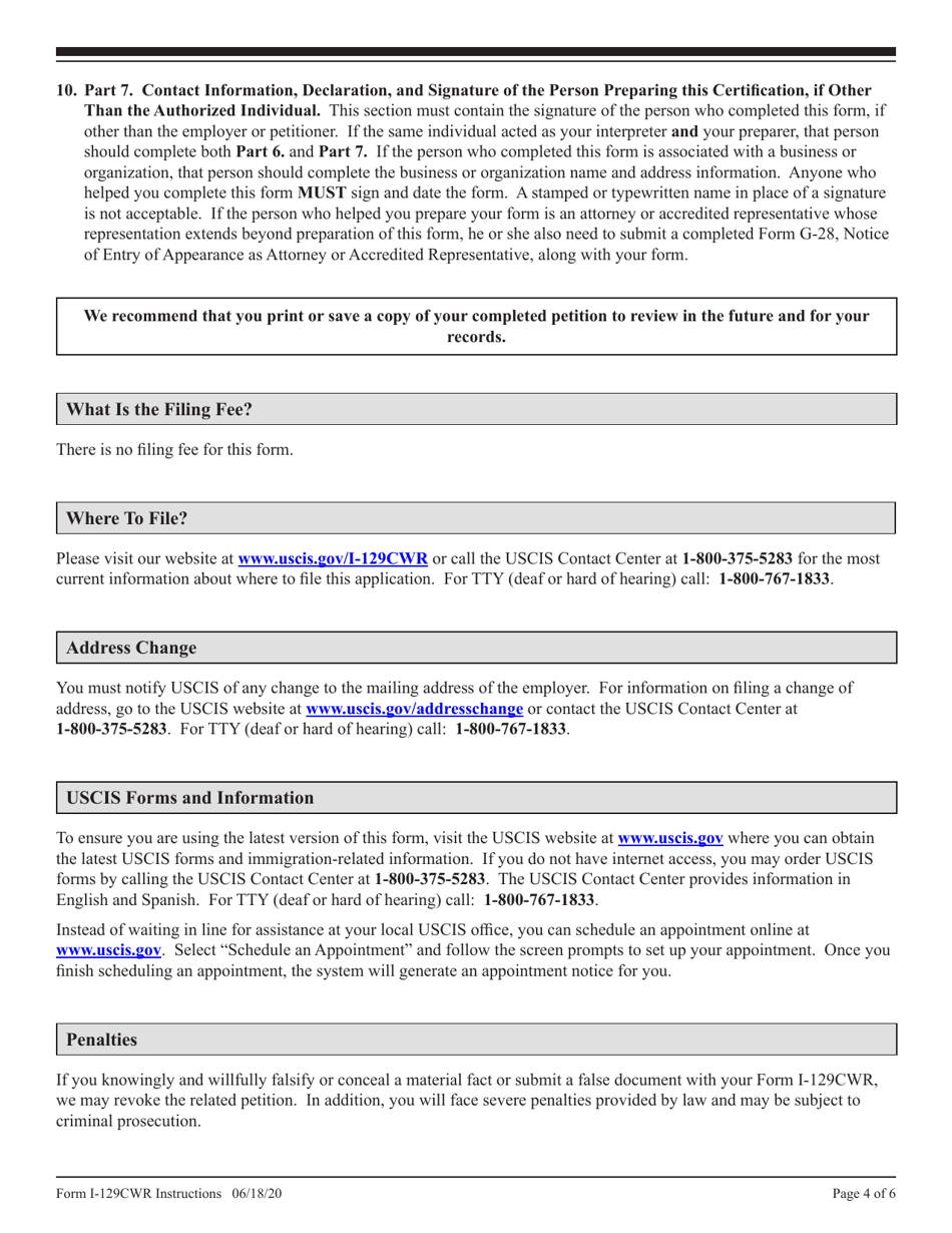 Instructions for USCIS Form I-129CWR Semiannual Report for CW-1 Employers, Page 4