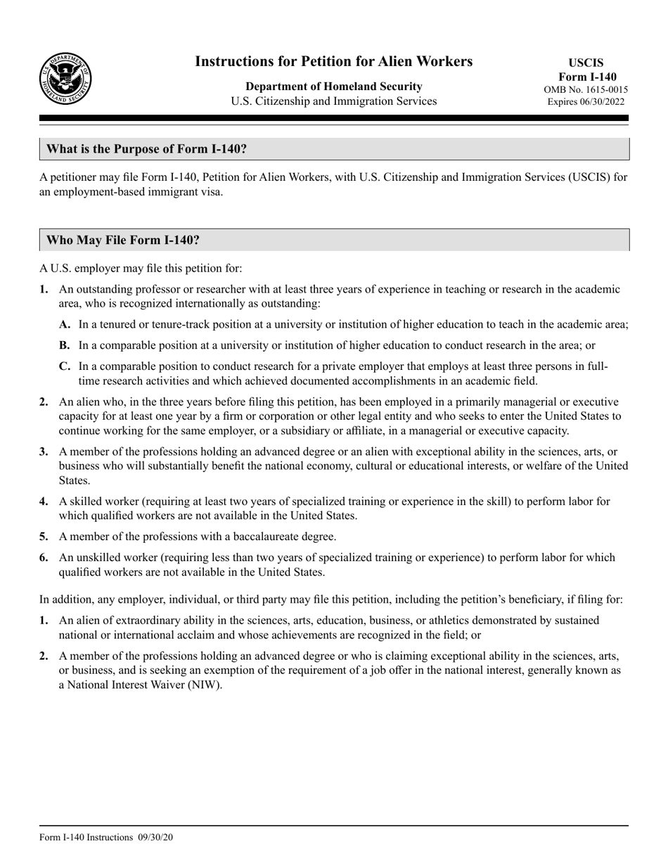 Instructions for USCIS Form I-140 Petition for Alien Workers, Page 1