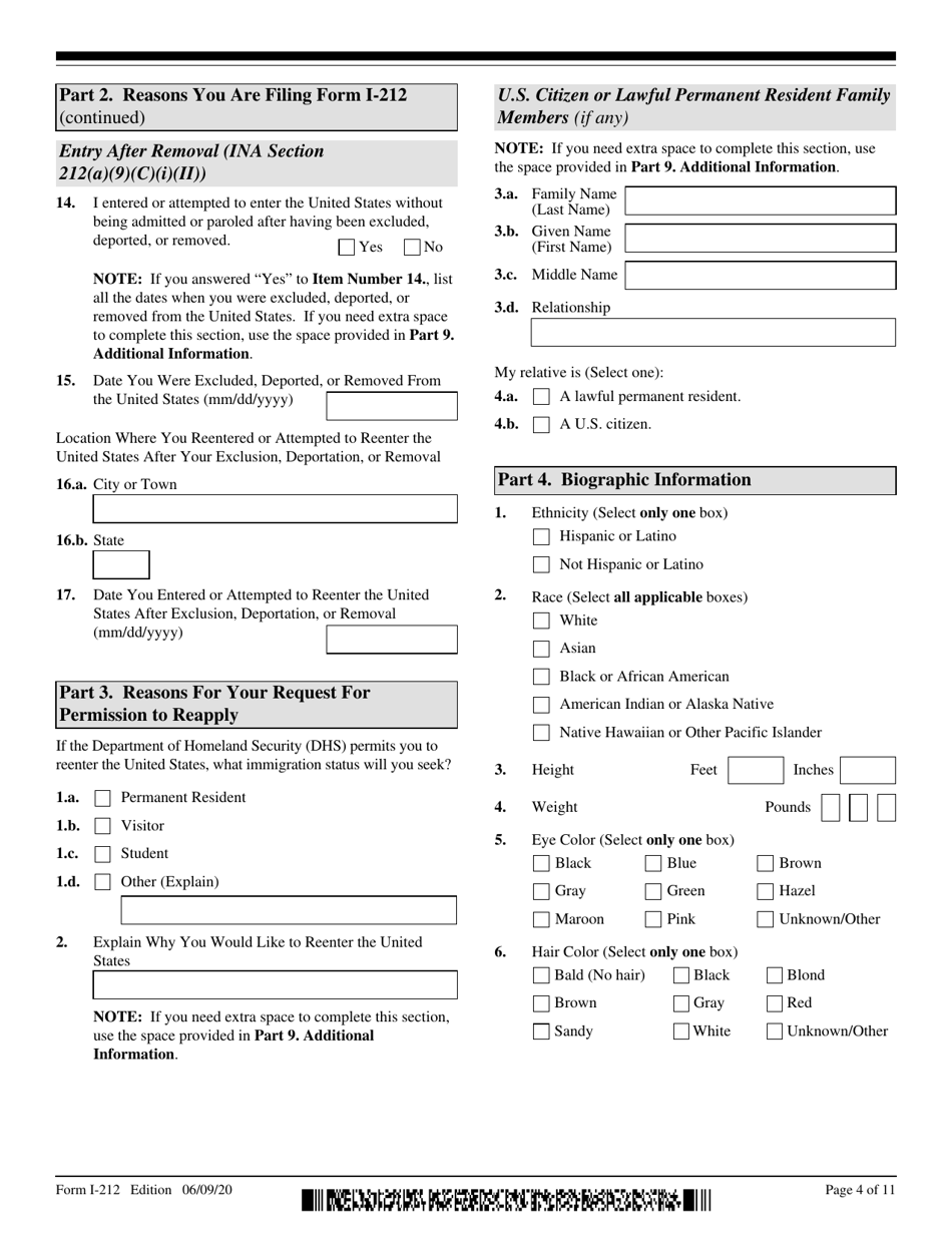 USCIS Form I-212 Application for Permission to Reapply for Admission Into the United States After Deportation or Removal, Page 4