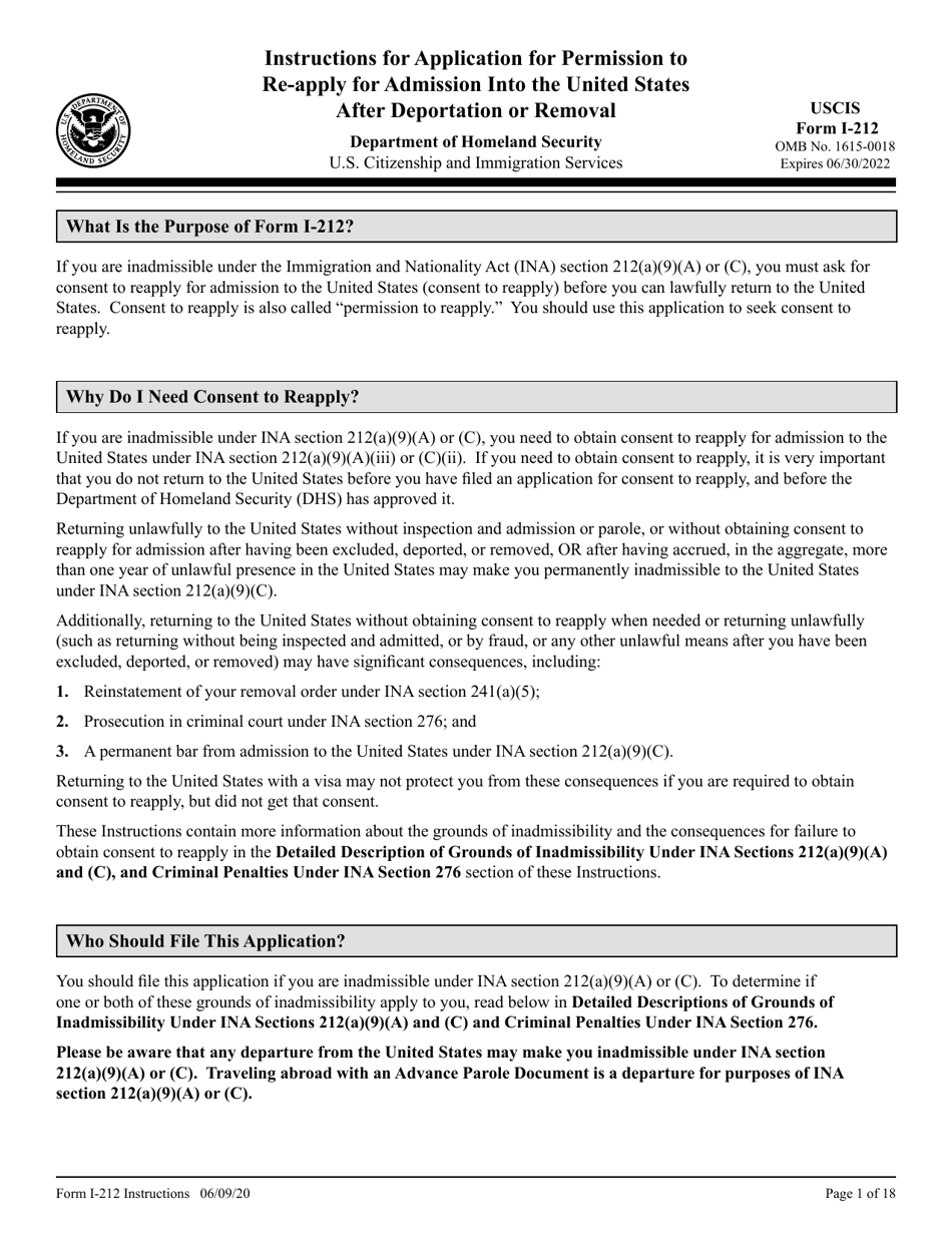 Instructions for USCIS Form I-212 Application for Permission to Reapply for Admission Into the United States After Deportation or Removal, Page 1