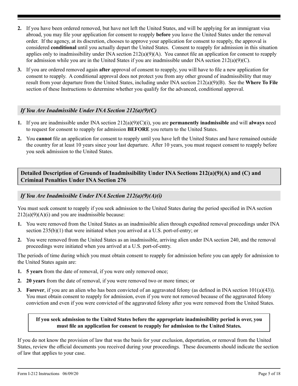 Instructions for USCIS Form I-212 Application for Permission to Reapply for Admission Into the United States After Deportation or Removal, Page 5