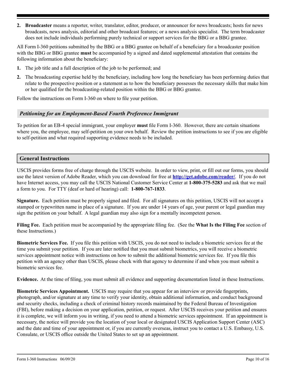 Instructions for USCIS Form I-360 Petition for Amerasian, Widow(Er), or Special Immigrant, Page 10