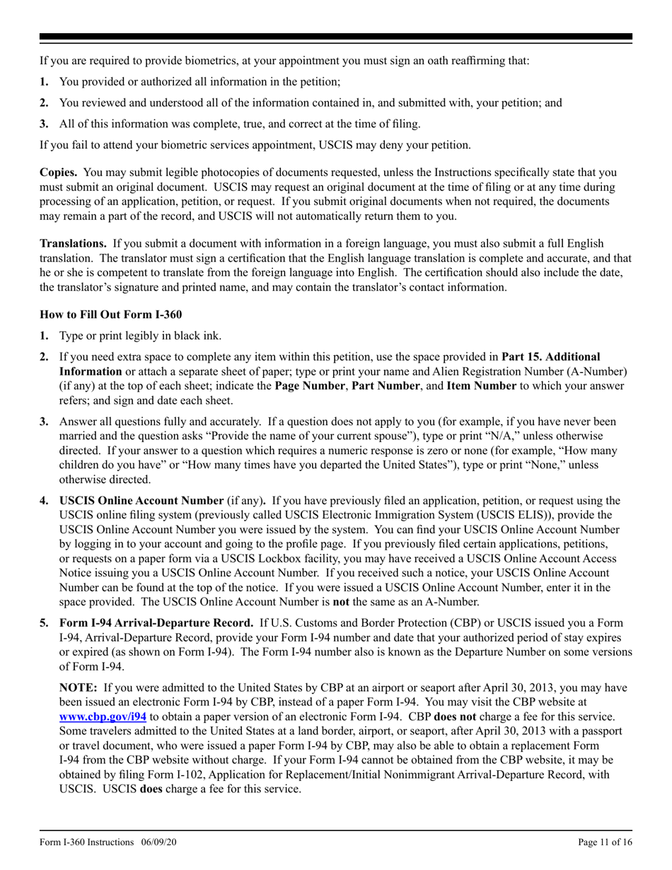 Instructions for USCIS Form I-360 Petition for Amerasian, Widow(Er), or Special Immigrant, Page 11
