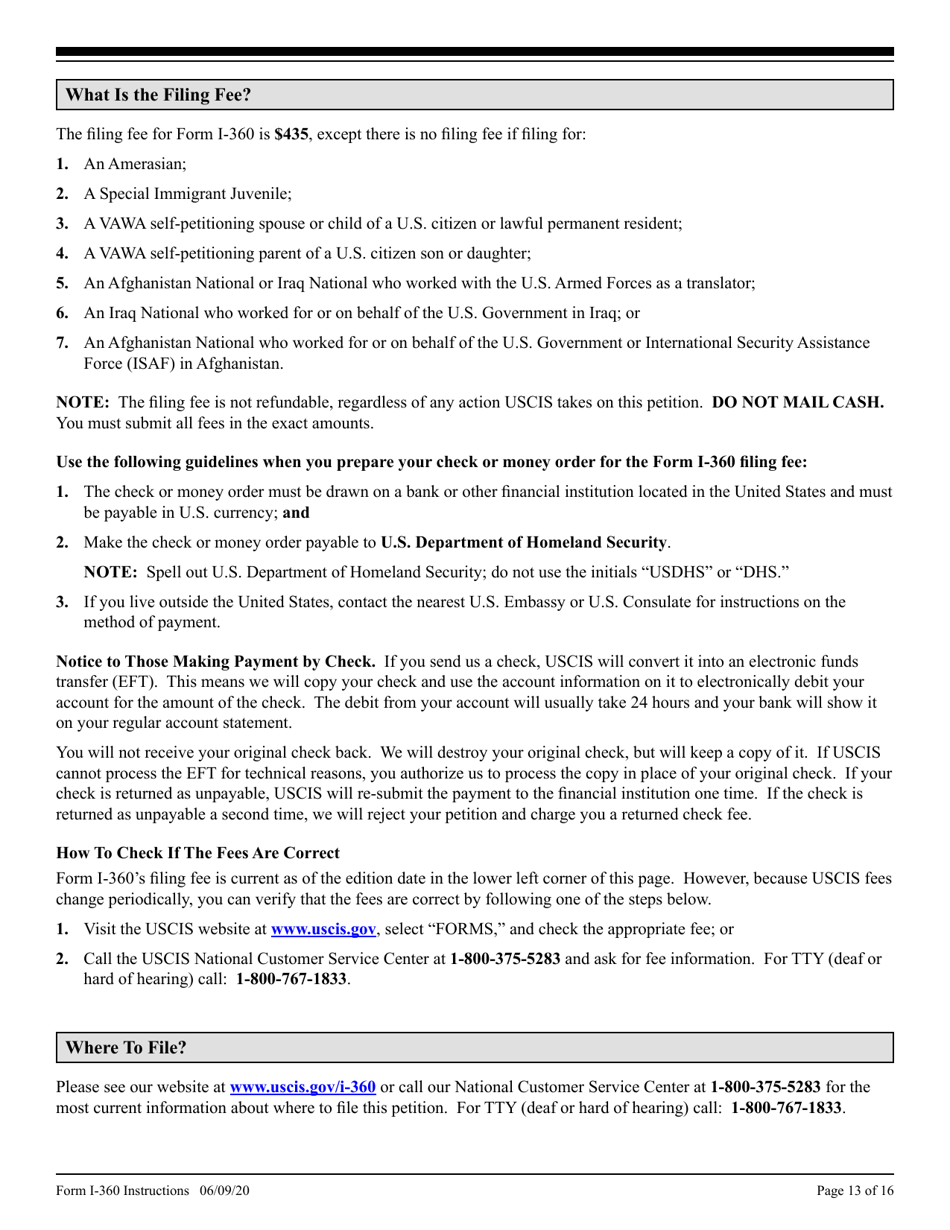 Instructions for USCIS Form I-360 Petition for Amerasian, Widow(Er), or Special Immigrant, Page 13
