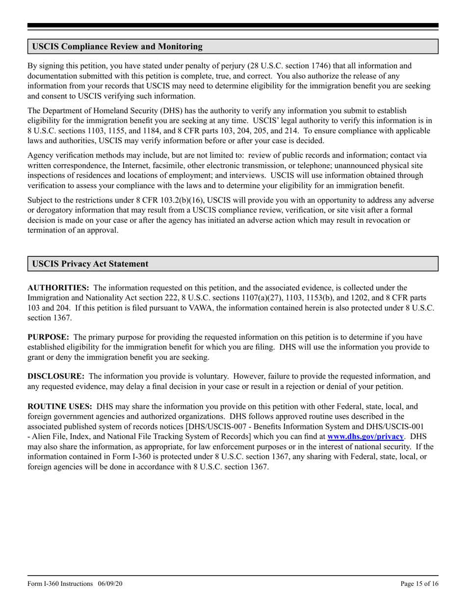 Instructions for USCIS Form I-360 Petition for Amerasian, Widow(Er), or Special Immigrant, Page 15